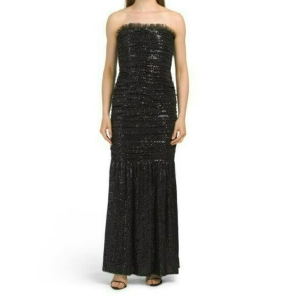 NWT Aidan Mattox Ruched Sequin Strapless Gown Party Cocktail Maxi Dress - Picture 2 of 10